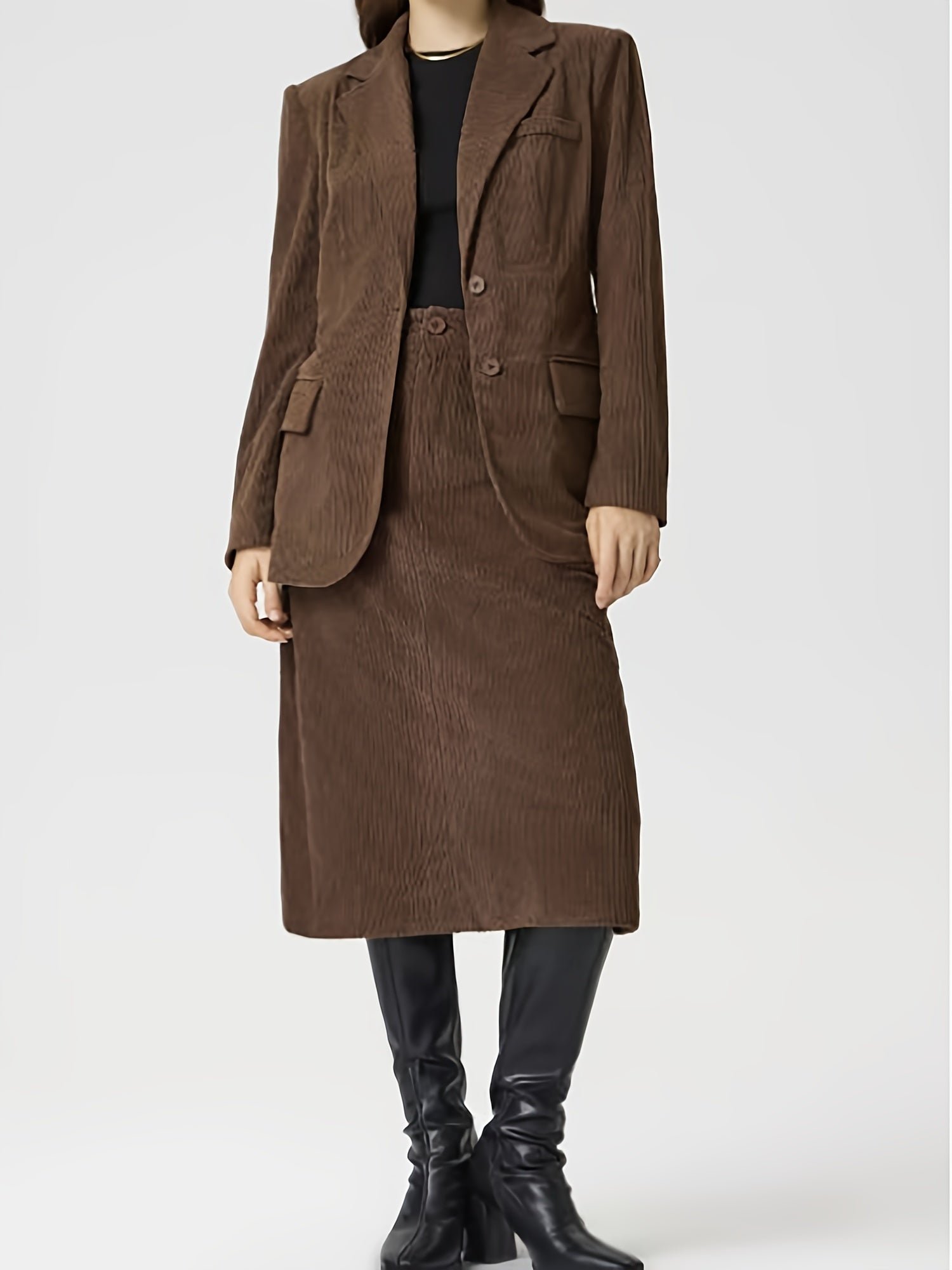 Solid Button Front Two-piece Skirt Set, Lapel Neck Long Sleeve Blazer & High Waist Skirt Outfits, Women's Clothing