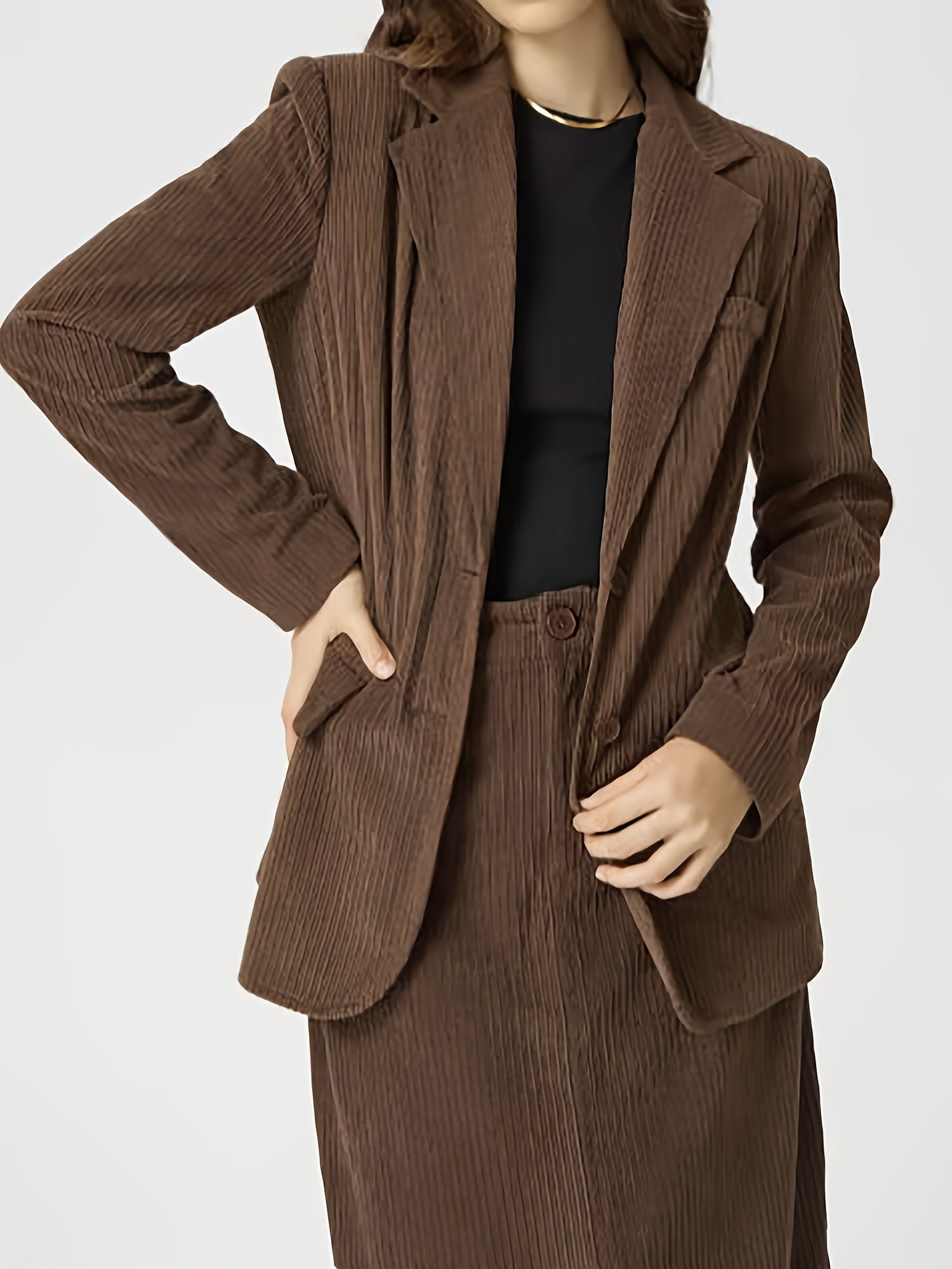 Solid Button Front Two-piece Skirt Set, Lapel Neck Long Sleeve Blazer & High Waist Skirt Outfits, Women's Clothing