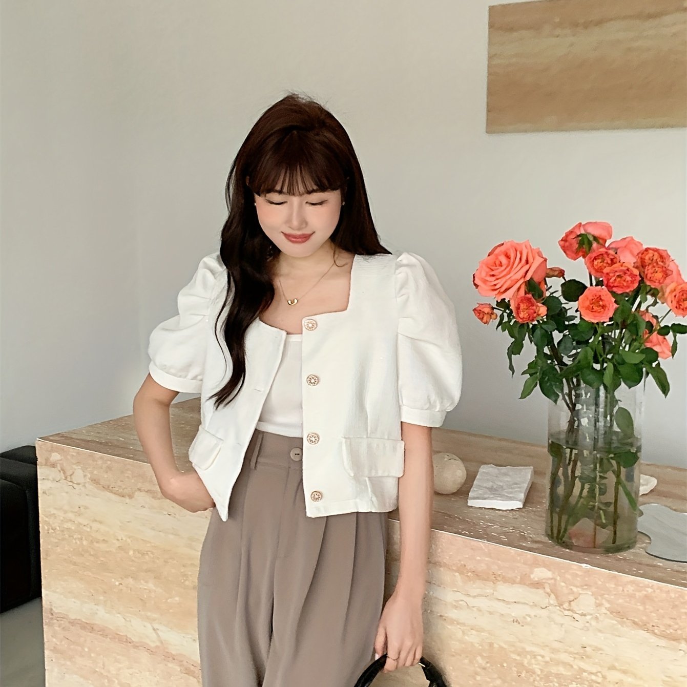 Puff Sleeve Square Neck Jacket, Elegant Button Front Jacket For Spring & Fall, Women's Clothing