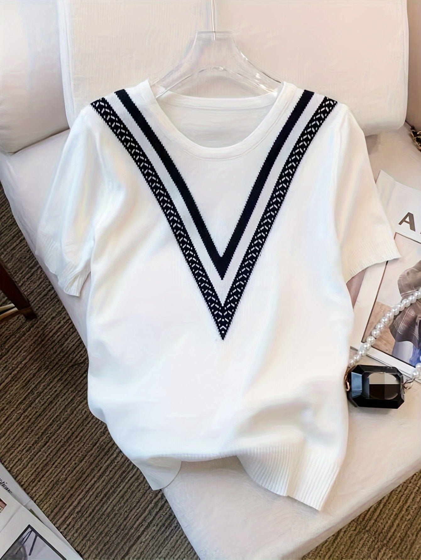 e97cd1dd-679a-4d56-b97f-ce915332cd19-1 Color Block Crew Neck Knitted Sweater, Casual Short Sleeve Top For Spring & Summer, Women's Clothing