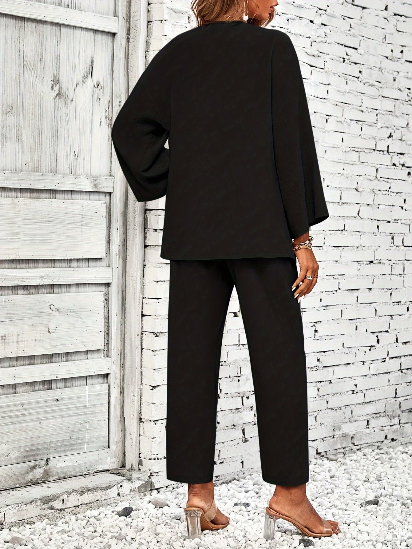 Elegant Solid Color Pantsuits Set, Open Front Outwear & Straight Leg Pants Outfits, Women's Clothing