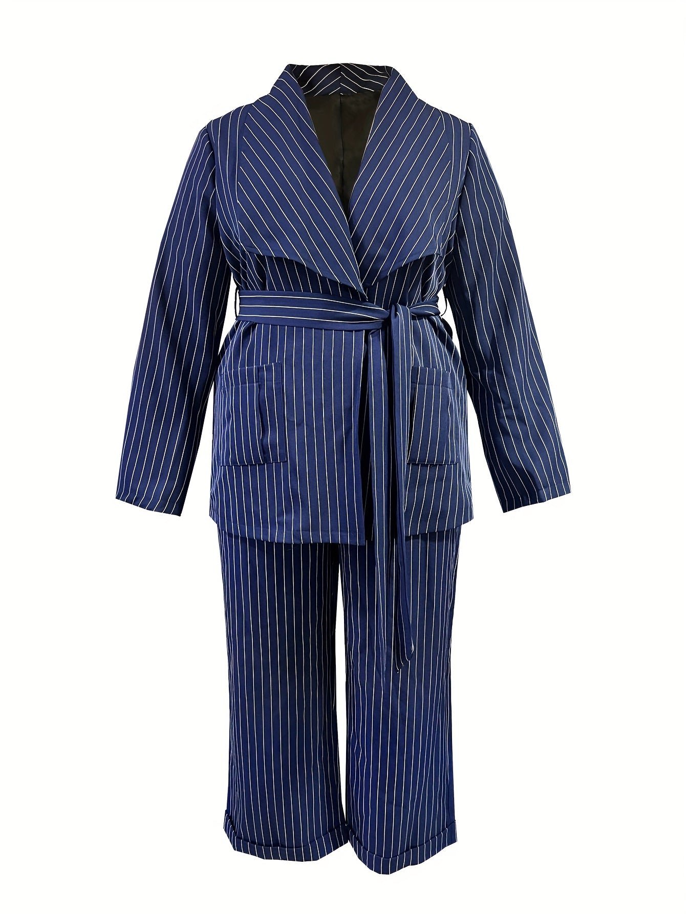 Plus Size Elegant Suit Set, Women's Plus Plaid Print Long Sleeve Waterfall Collar Belted Blazer & Wide Leg Pants Outfits Two Piece Set
