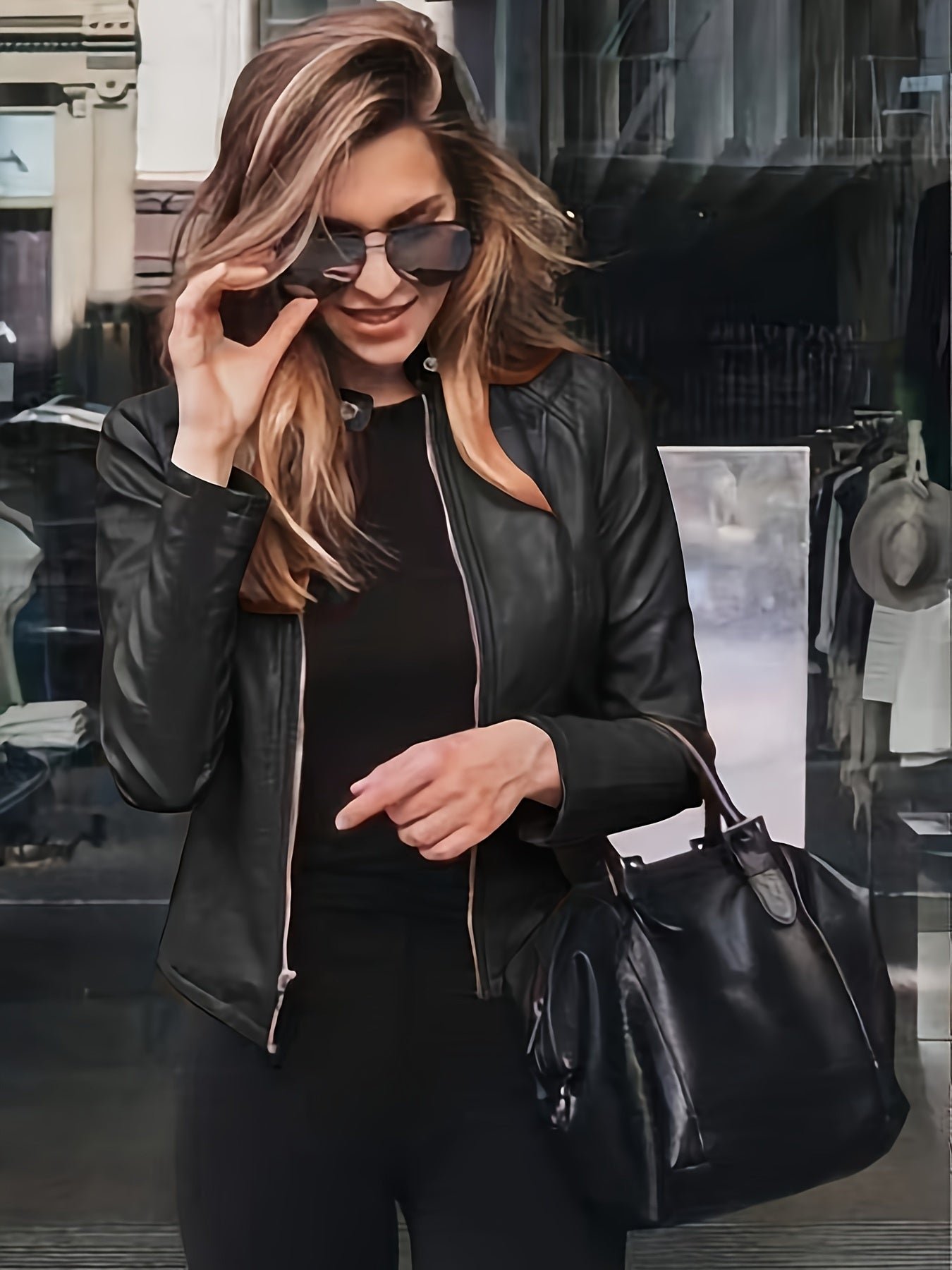 Women's Street Style Chic Coated Stretchy Plain Black Color Jacket With Zipper Pockets And Modern Fit