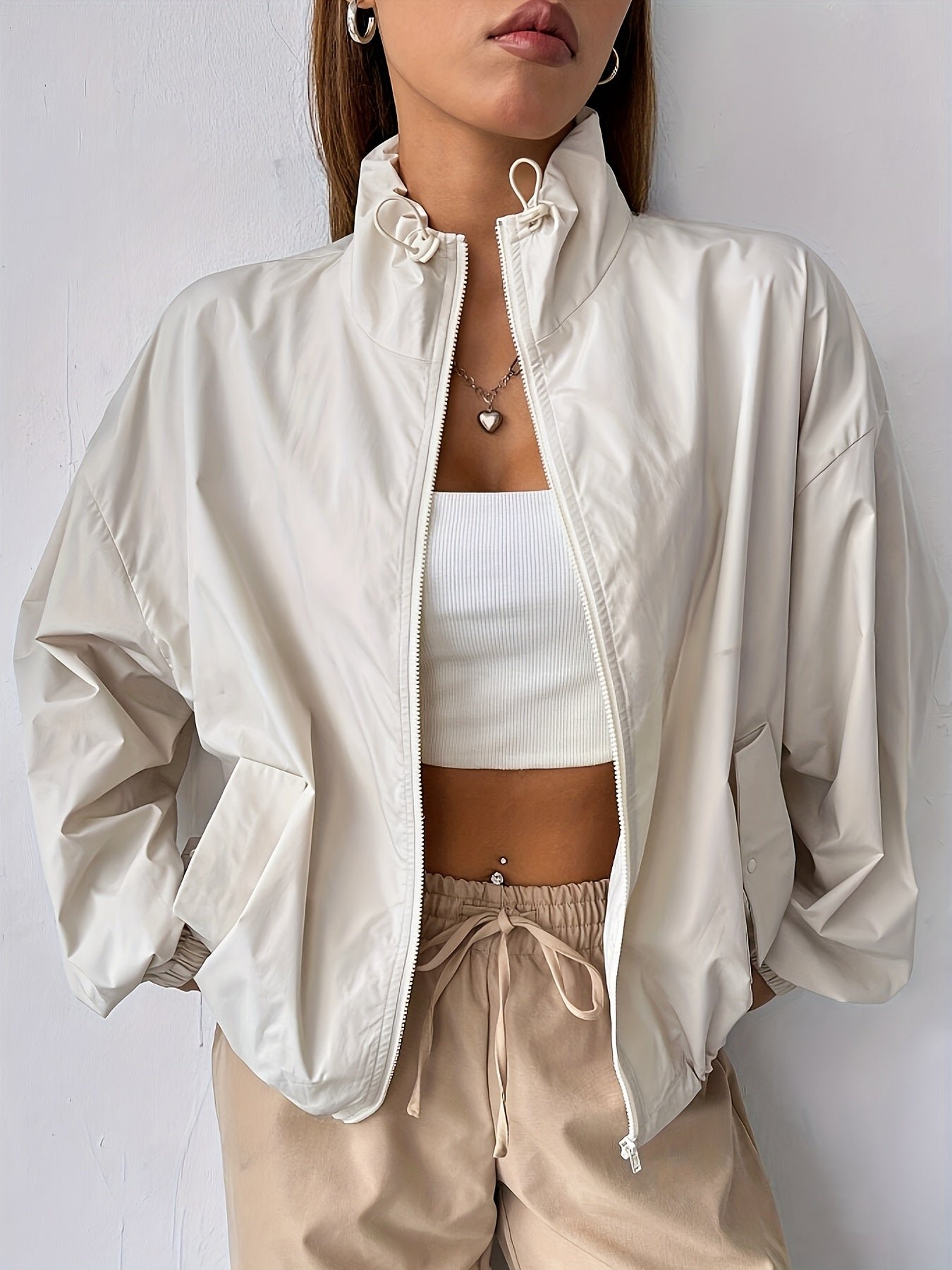Solid Color Zip Up Drawstring Jacket, Casual Long Sleeve Jacket For Spring & Fall, Women's Clothing