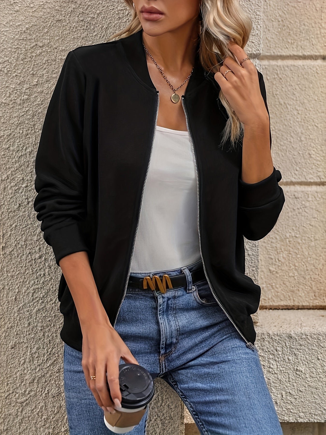 edcb65db-8e14-4307-8324-a49b41906df6-1 Solid Zip Up Jacket, Casual Long Sleeve Outerwear For Spring & Summer, Women's Clothing