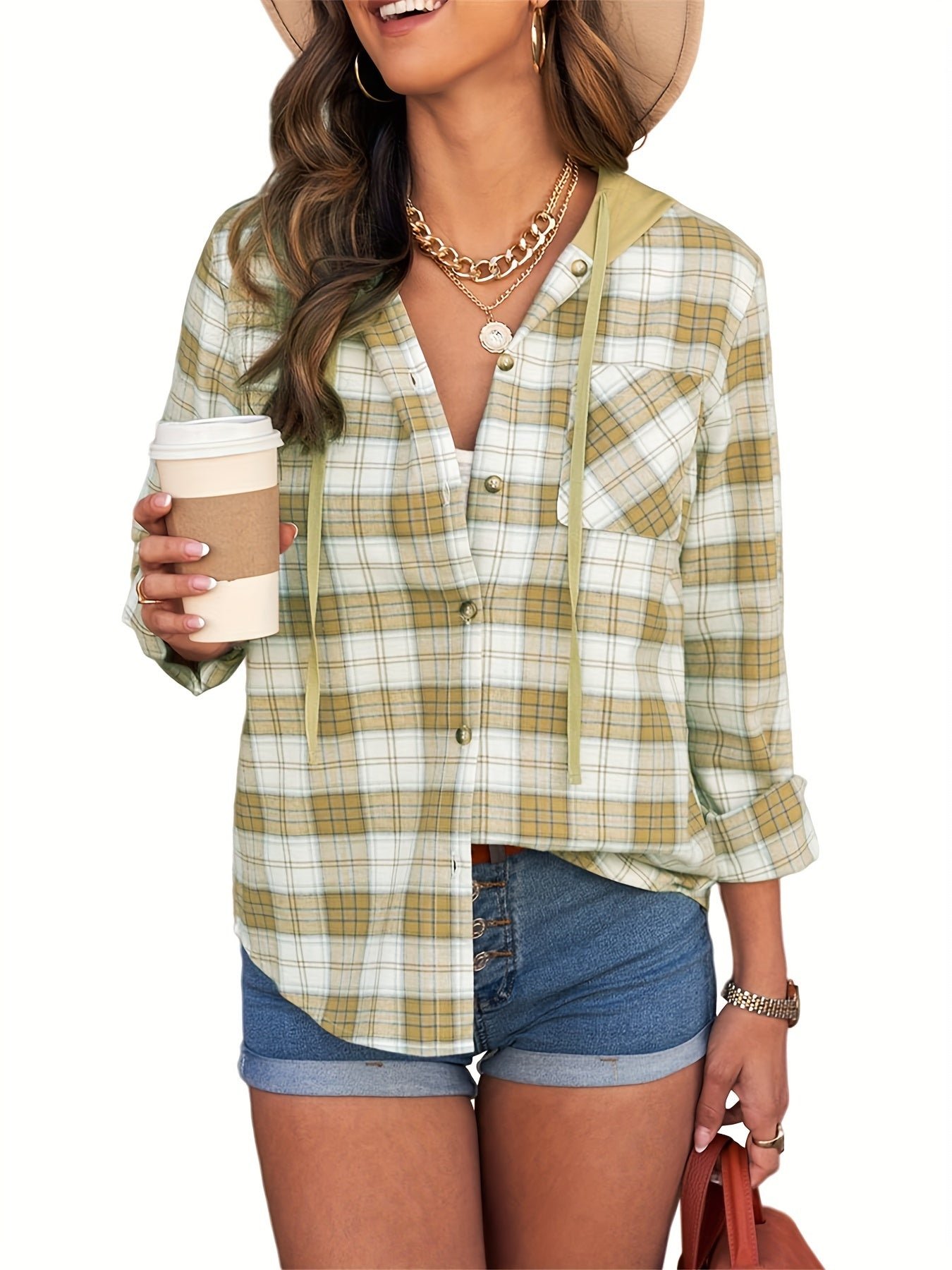 Plaid Print Single Breasted Jacket, Casual Drawstring Outwear For Spring & Fall, Women's Clothing
