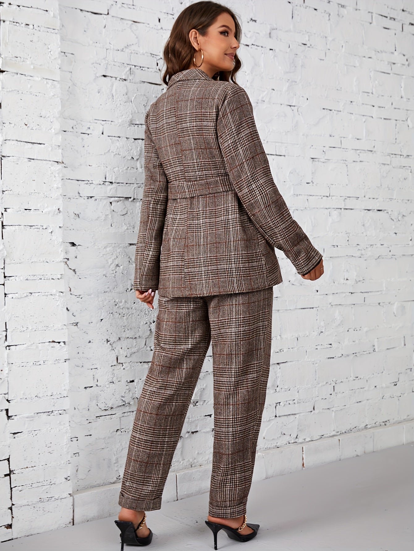 Plaid Pattern Elegant Two-piece Set, Long Sleeve Open Front Tops & Wide Leg Pants Outfits, Women's Clothing
