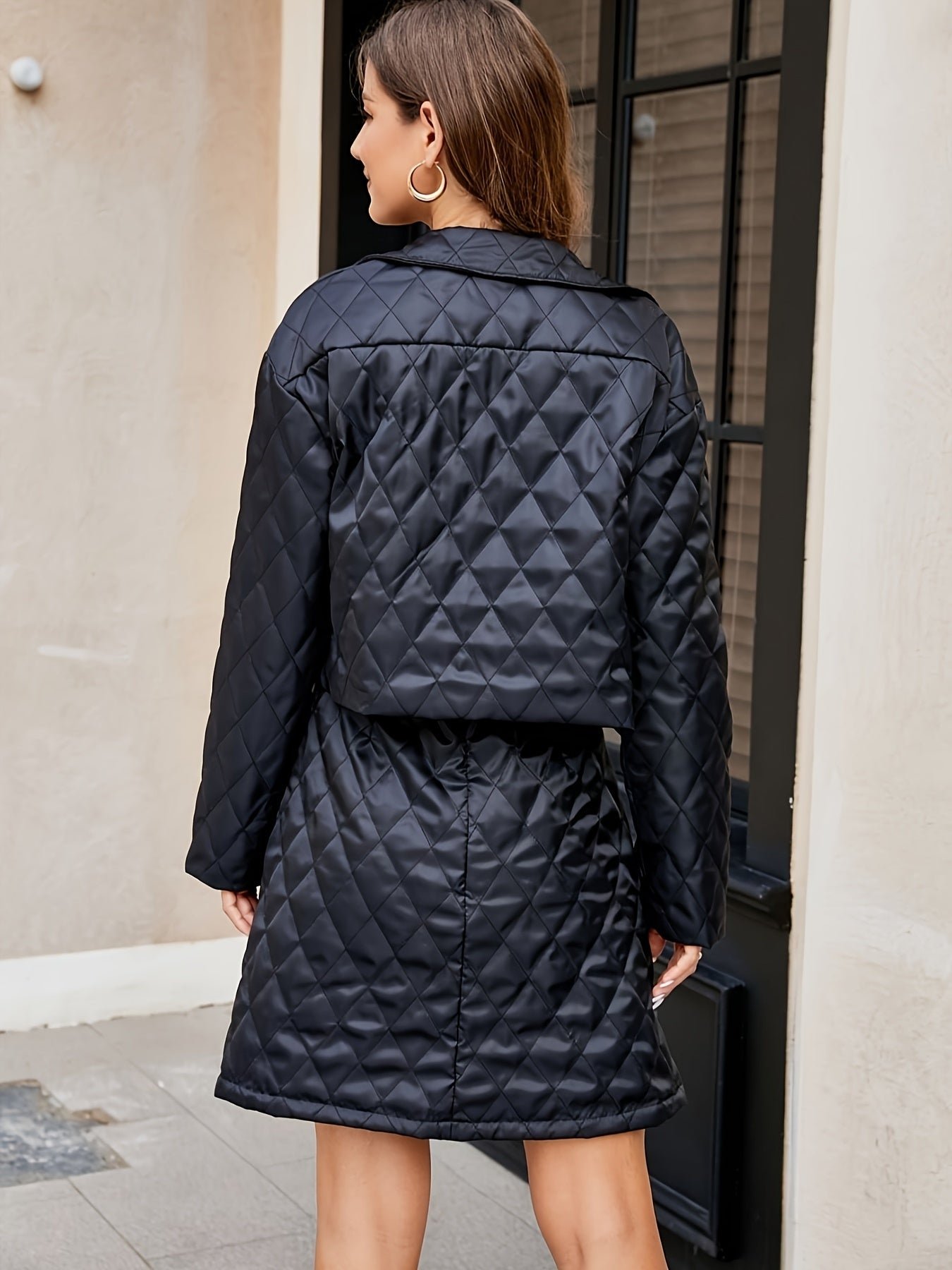 Solid Color Two-piece Set, Button Front Long Sleeve Jacket & Dress Outfits, Women's Clothing