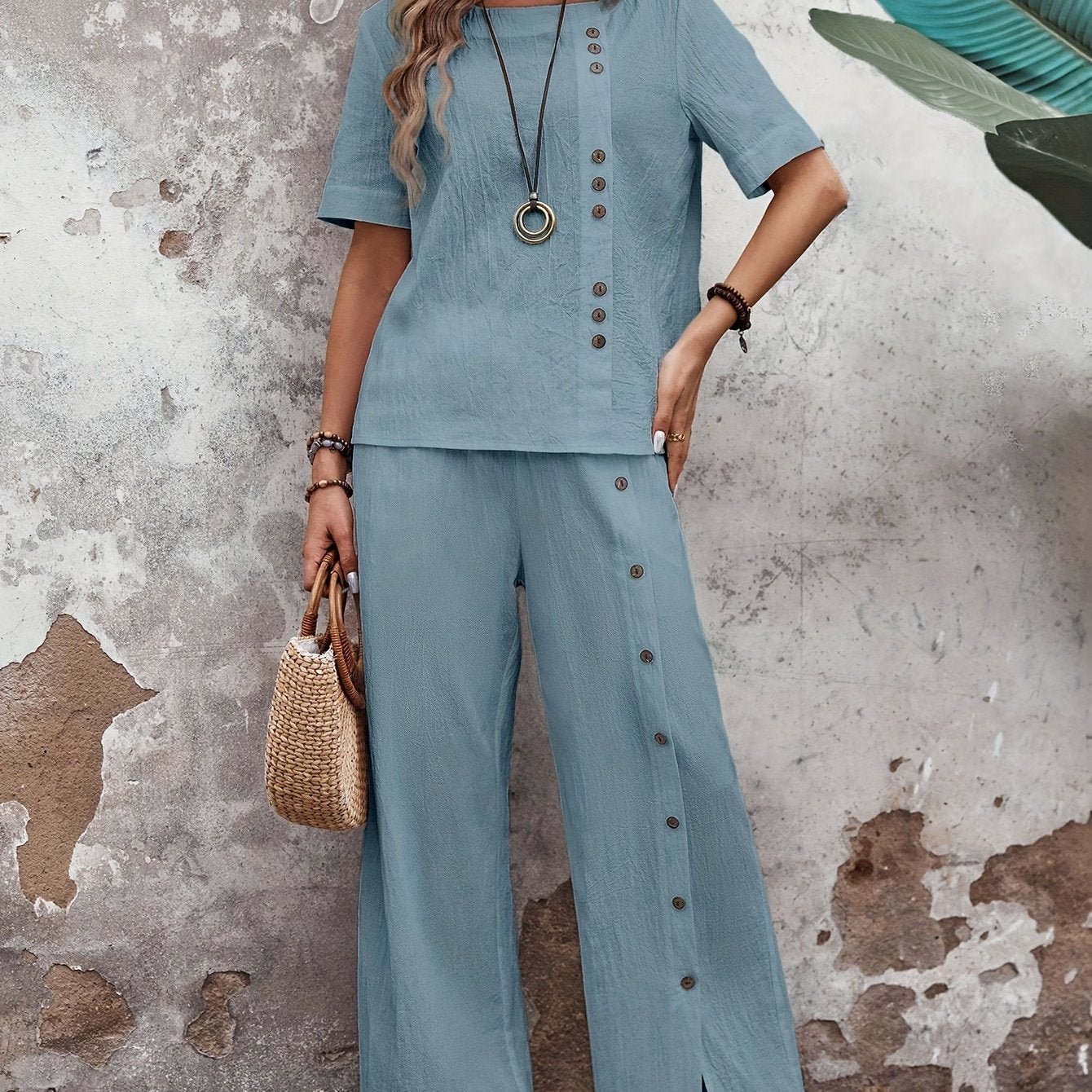 Button Decor Casual Pants Set, Short Sleeve Top & Split Hem Pants Outfits For Spring & Summer, Women's Clothing