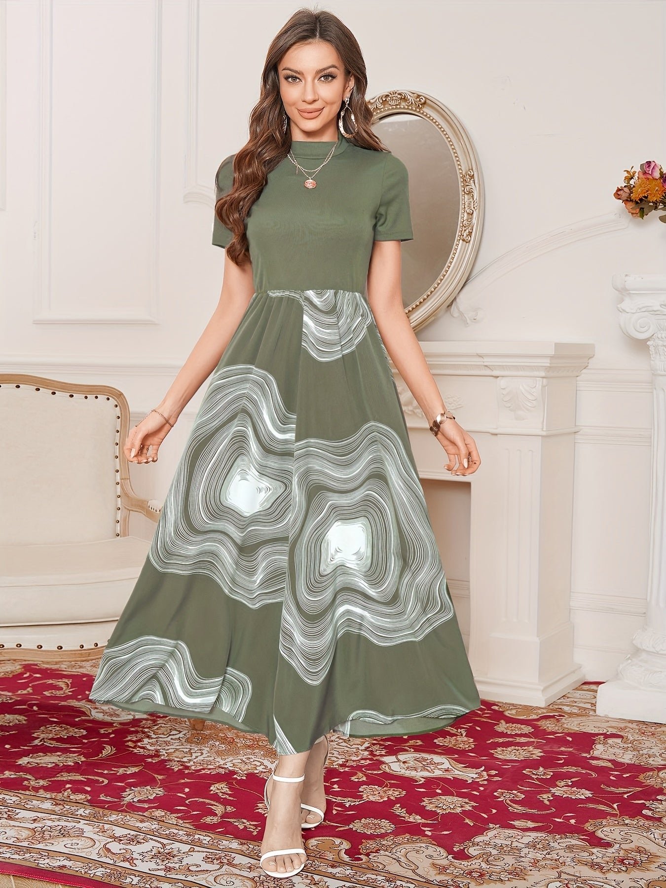 fe924673527b0f377362a93827b67bad-1 Graphic Print Splicing Aline Dress, Vintage Mock Neck Short Sleeve Dress, Women's Clothing